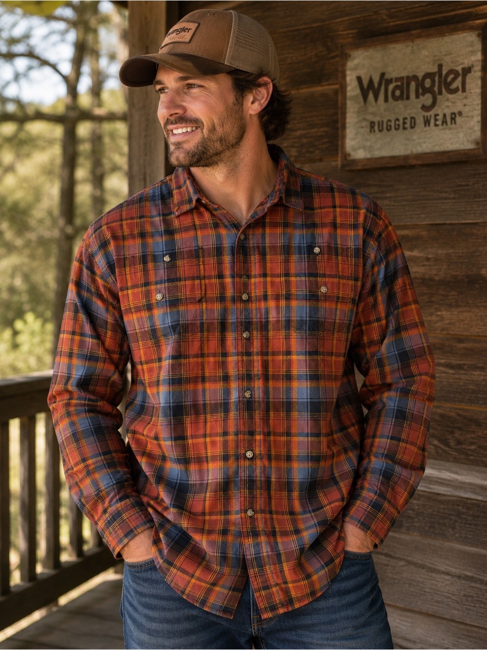 Wrangler Rugged Wear Plaid Button Front Shirt Men’s XXL Orange Blue Flannel